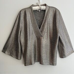 PART TWO Metallic Gold Bronze Shimmer Top Deep V Neck 3/4 Bell Sleeve Party Chic